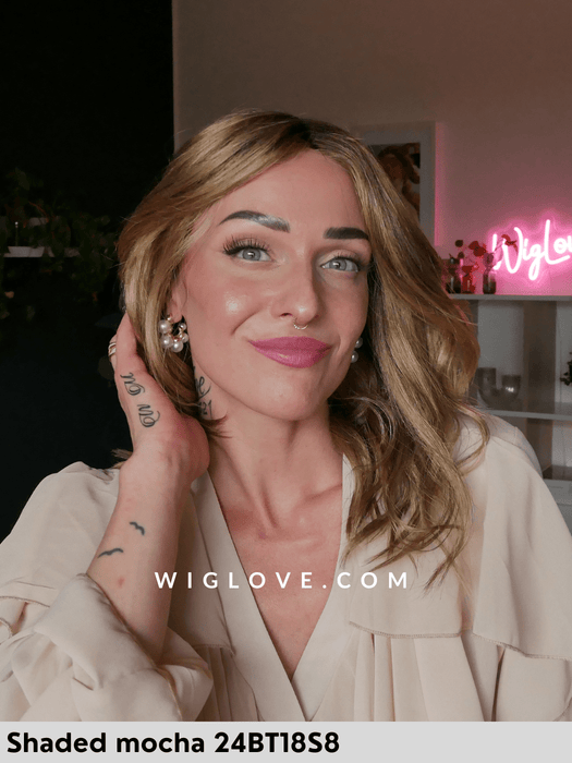 kaylee jon renau parrucca sintetica mossa alle spalle 100% fatta a mano con lacefront e riga libera retro chiuso taglia M standard regolabile