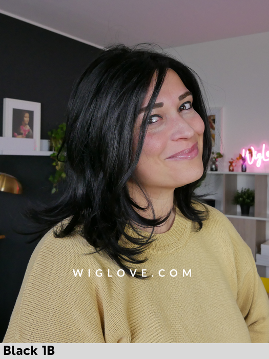 Alesia mono lace gisela mayer parrucca sintetica media e scalata piega liscia lacefront attaccatura naturale riga libera monofilamento retro chiuso taglia S, M, L