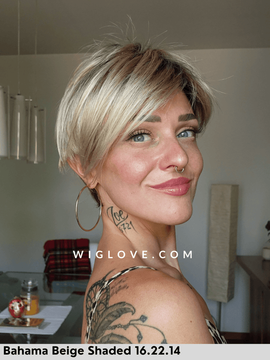 avola mono part ellen wille parrucca sintetica corta scalata pixie fatta a macchina no lacefront riga sinistra retro aperto 