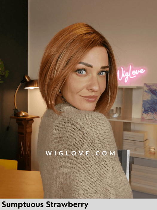 bellissima belle tress parrucca termoresistente sintetica piastrabile riga sinistra attaccatura naturale lacefront monofilamento laterale sumptuous strawberry  piega liscia