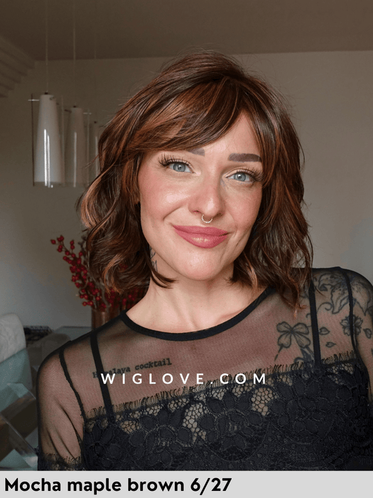 parrucca broadway belle tress fibra sintetica termoresistente caramel blonde rooted lacefront riga sinistra monofilamento piega mossa parrucca alle spalle scalata con frangetta