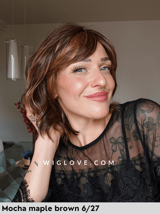 parrucca broadway belle tress fibra sintetica termoresistente caramel blonde rooted lacefront riga sinistra monofilamento piega mossa parrucca alle spalle scalata con frangetta