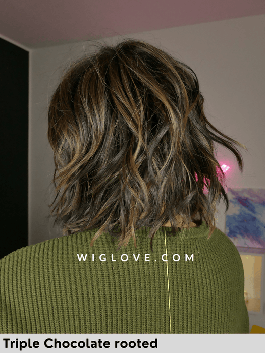 parrucca broadway belle tress fibra sintetica termoresistente triple chocolate  rooted lacefront riga sinistra monofilamento piega mossa parrucca alle spalle scalata con frangetta