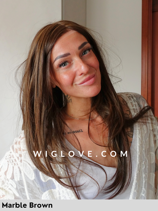 bryony alexander couture parrucca lunga liscia scalata fibra sintetica resistente al calore lacefront riga 