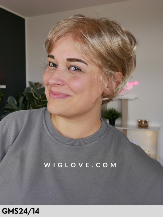 esther mono gisela mayer parrucca corta mossa sintetica lace front riga libera monofilamento retro aperto taglia M parrucca dispositivo medico CE tumore chemioterapia 