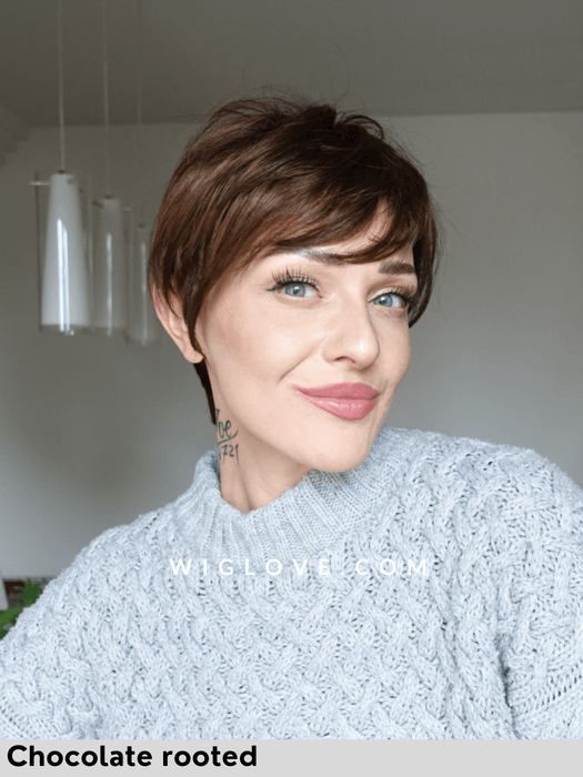 fenja small ellen wille parrucca corta in fibra sintetica tradizionale riga sinistra no lacefront monofilamento laterale chocolate rooted