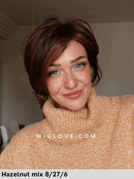 hi flirt gisela mayer parrucca corta e scalata in fibra sintetica termoresistente pixie cut mini-lacefront riga sinistra retro aperto e fatto a macchina taglia small