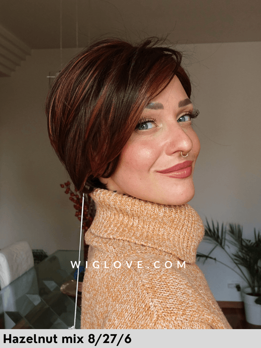 hi flirt gisela mayer parrucca corta e scalata in fibra sintetica termoresistente pixie cut mini-lacefront riga sinistra retro aperto e fatto a macchina taglia small