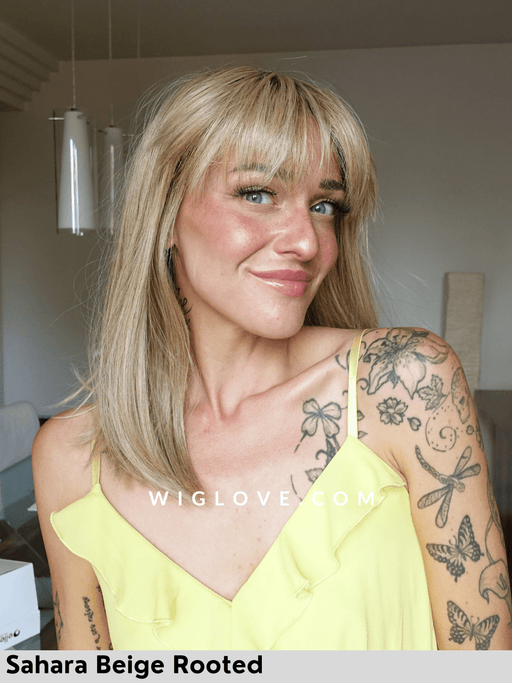 parrucca caschetto castano chiaro con frangia liscia e termoresistente. Jacky di Ellen Wille colore Hazelnut Rooted. Syntehtic wig bangs