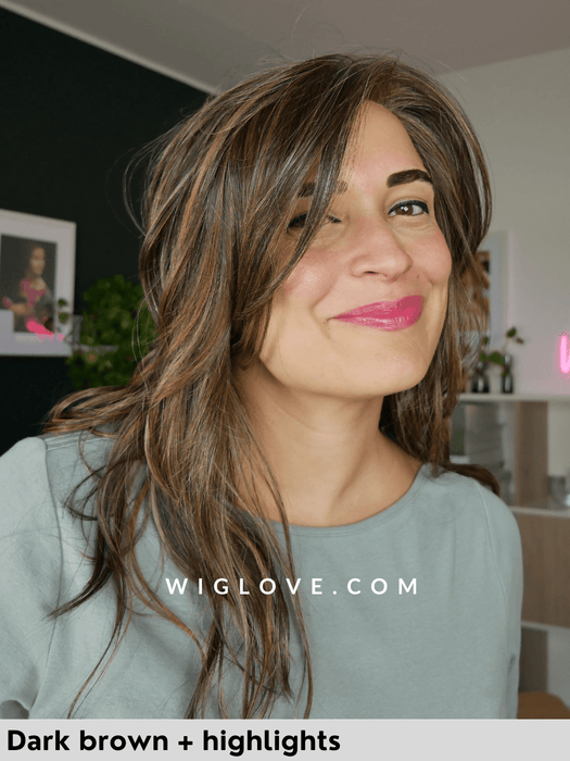 milano wig, belle tress, parrucca sintetica resistente al calore, fibre termoresistenti, dark brown + highlights, parrucca lunga e scalata, long wig, heatfriendly fibers