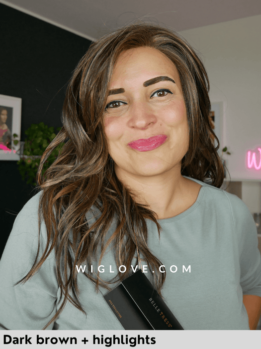 milano wig, belle tress, parrucca sintetica resistente al calore, fibre termoresistenti, dark brown + highlights, parrucca lunga e scalata, long wig, heatfriendly fibers