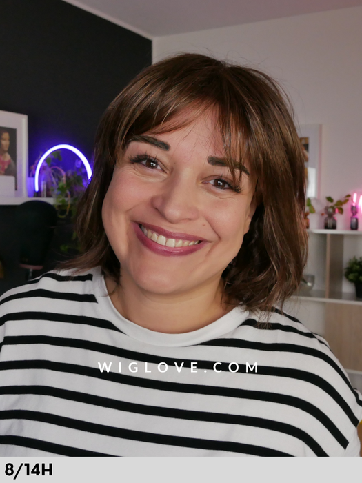 naila gisela mayer parrucca alle spalle bob frangetta fatta a macchina fibra sintetica tradizionale monofilamento vortice no lacefront dispositivo medico CE parrucca chemioterapia tumore alopecia