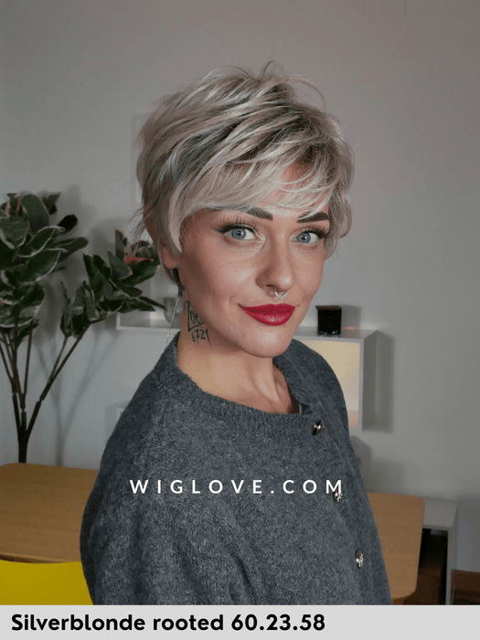 NOVEL DELUXE - 100% fatta a mano, attaccatura naturale, riga libera - Wig Love - Parrucca SinteticaSilver Blonde Rooted
