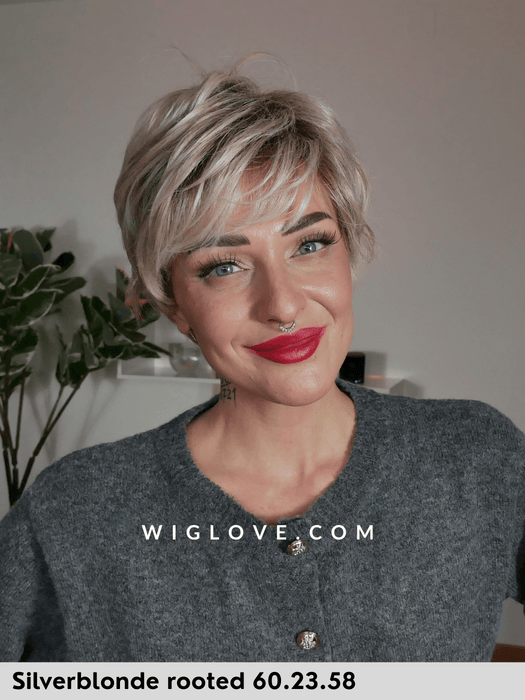 NOVEL DELUXE - 100% fatta a mano, attaccatura naturale, riga libera - Wig Love - Parrucca SinteticaSilver Blonde Rooted