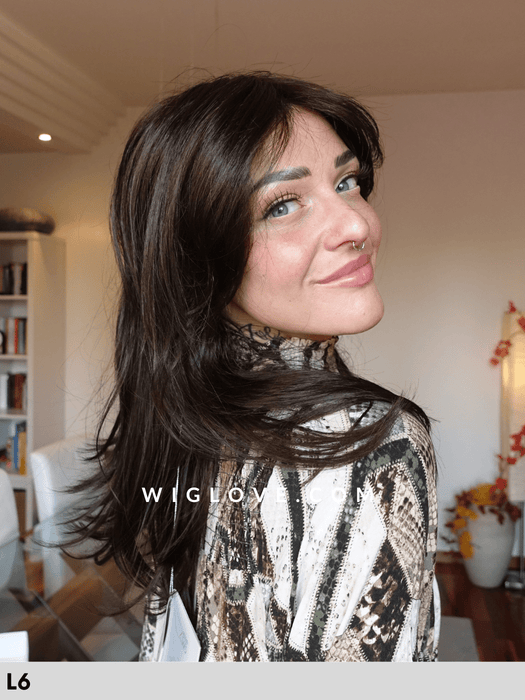 pauline  mono lace  gisela mayer parrucca lunga liscia con frangetta in fibra sintetica tradizionale lacefront riga libera retro aperto