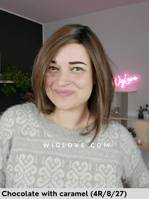 peppermint belle tress parrucca media e scalata piega liscia fibra sintetica termoresistente lacefront riga sinistra retro aperto e fatto a macchina cafè collection