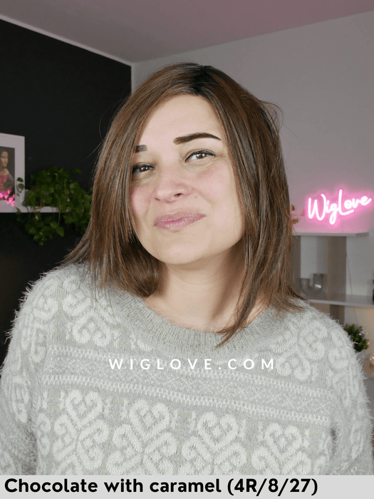 peppermint belle tress parrucca media e scalata piega liscia fibra sintetica termoresistente lacefront riga sinistra retro aperto e fatto a macchina cafè collection