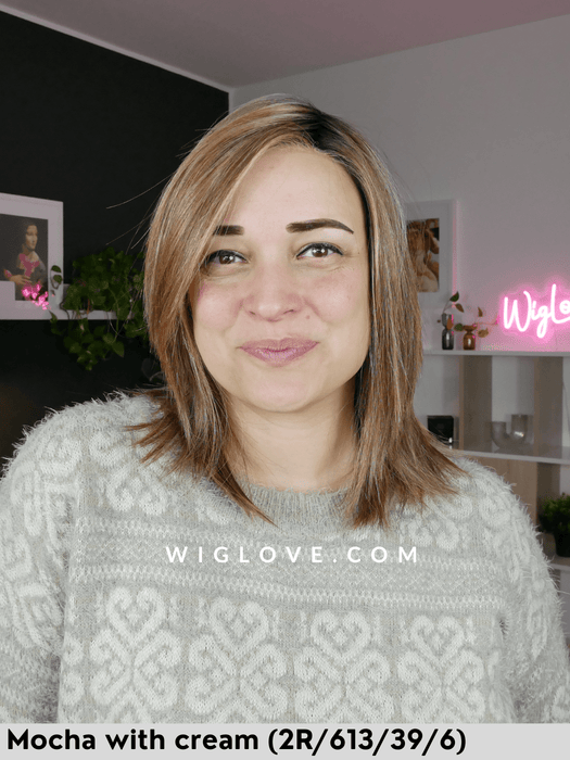 peppermint belle tress parrucca media e scalata piega liscia fibra sintetica termoresistente lacefront riga sinistra retro aperto e fatto a macchina cafè collection