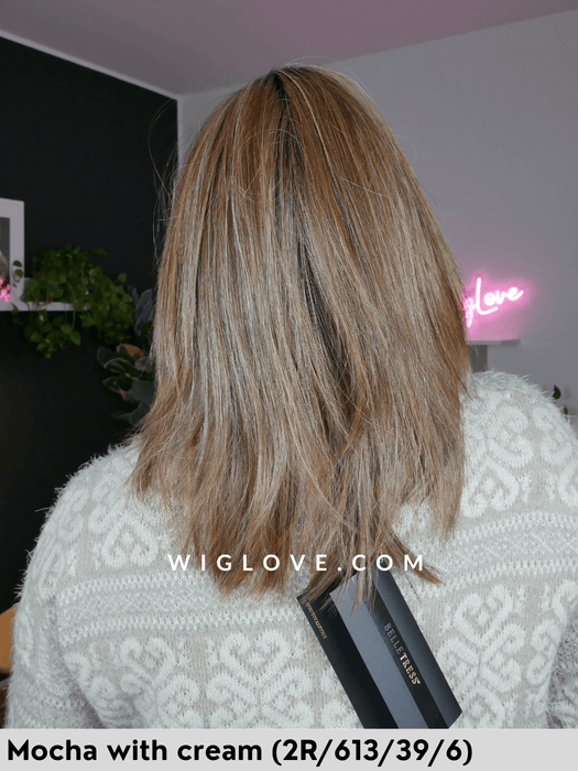 peppermint belle tress parrucca media e scalata piega liscia fibra sintetica termoresistente lacefront riga sinistra retro aperto e fatto a macchina cafè collection