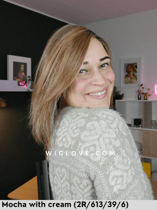 peppermint belle tress parrucca media e scalata piega liscia fibra sintetica termoresistente lacefront riga sinistra retro aperto e fatto a macchina cafè collection