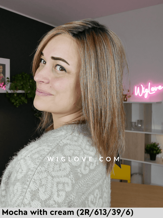 peppermint belle tress parrucca media e scalata piega liscia fibra sintetica termoresistente lacefront riga sinistra retro aperto e fatto a macchina cafè collection