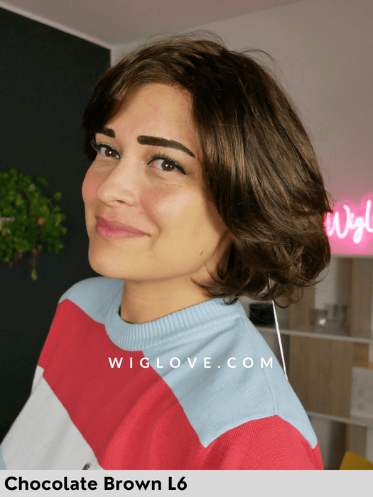 prime lady lace gisela mayer human hair wigs parrucca corta mossa capello naturale riga libera attaccatura naturale lacefront retro aperto e fatto a macchina tg M tg L chocolate brown L6