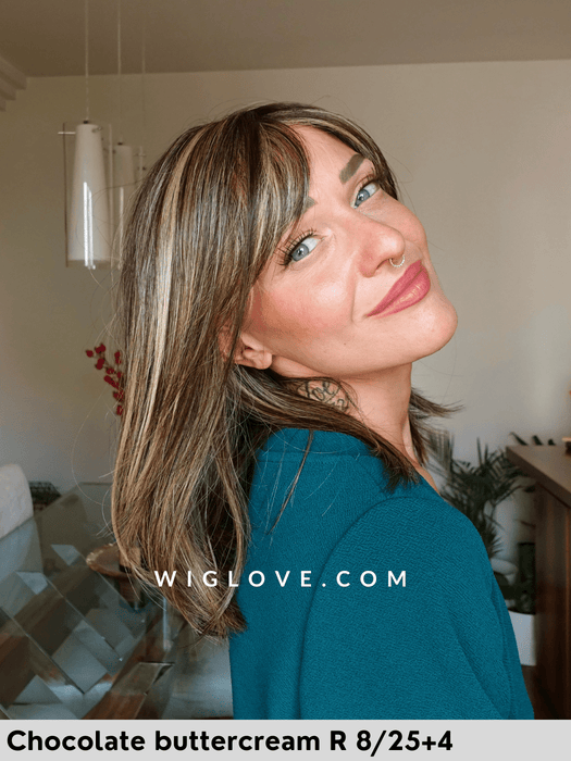 tiffany parrucca sintetica termoresistente piega liscia con frangetta long bob belle tress chocolate buttercream R 