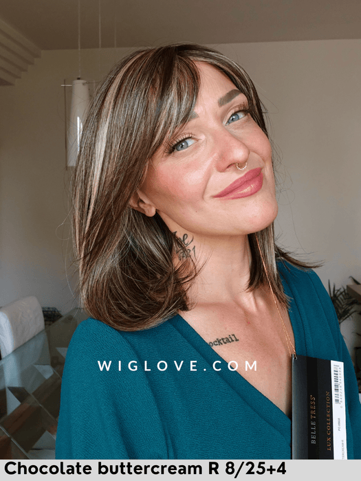 tiffany parrucca sintetica termoresistente piega liscia con frangetta long bob belle tress chocolate buttercream R 