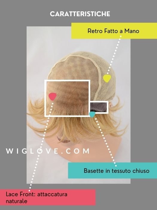 Parrucca fatta a mano al 100% con monofilamento e lace front esteso (tulle ad effetto cinema) con basette in poliuretano antiscivolo. 